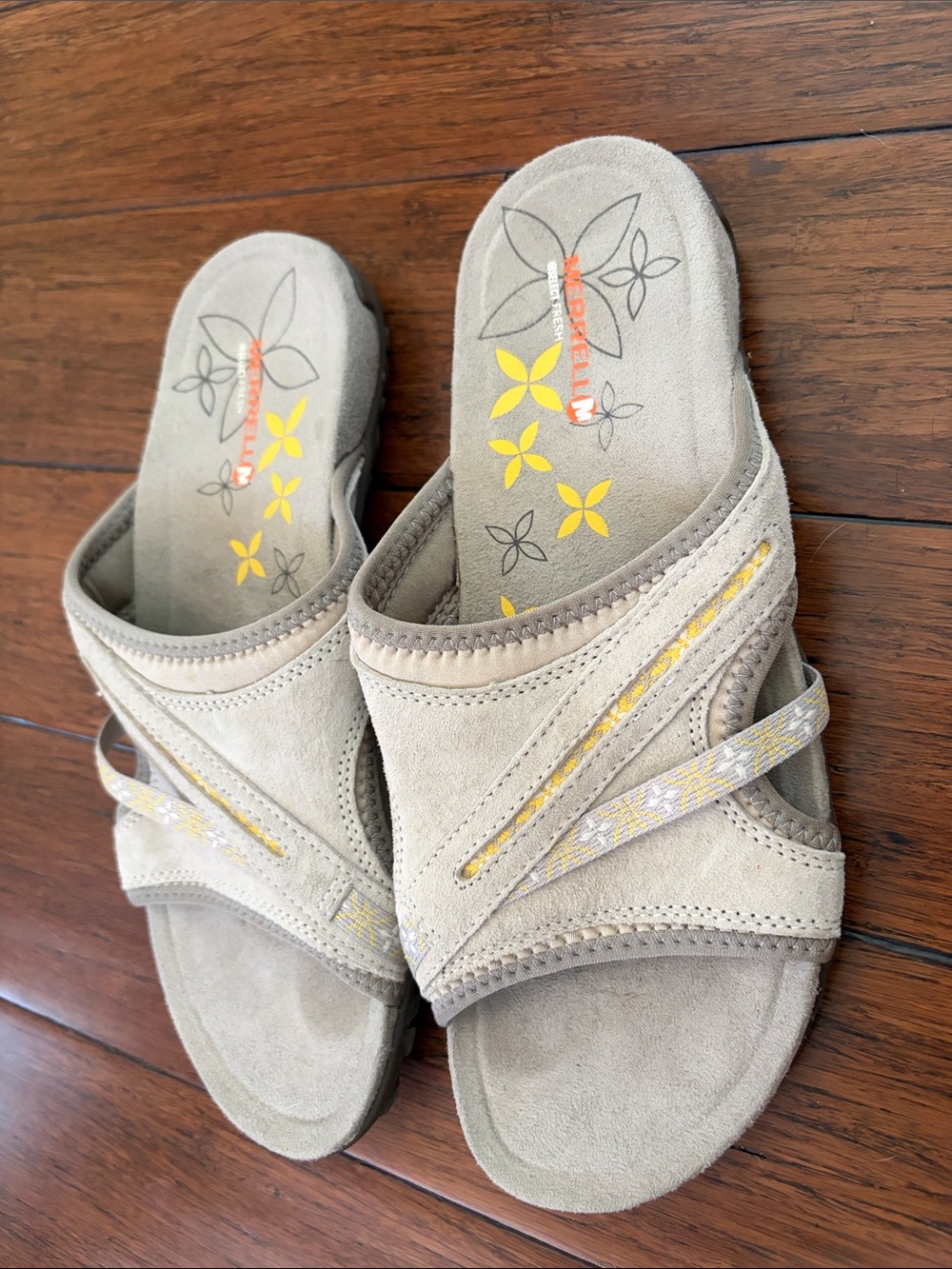 Merrell Women's Tan Suede Slide Sandals with Yellow Floral Accents